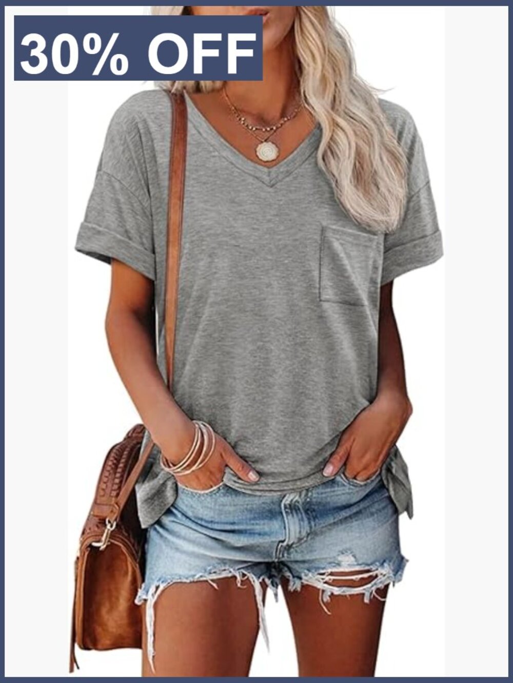 Short Sleeve V-Neck Tee with Pocket Stretchy Soft Casual Summer Top